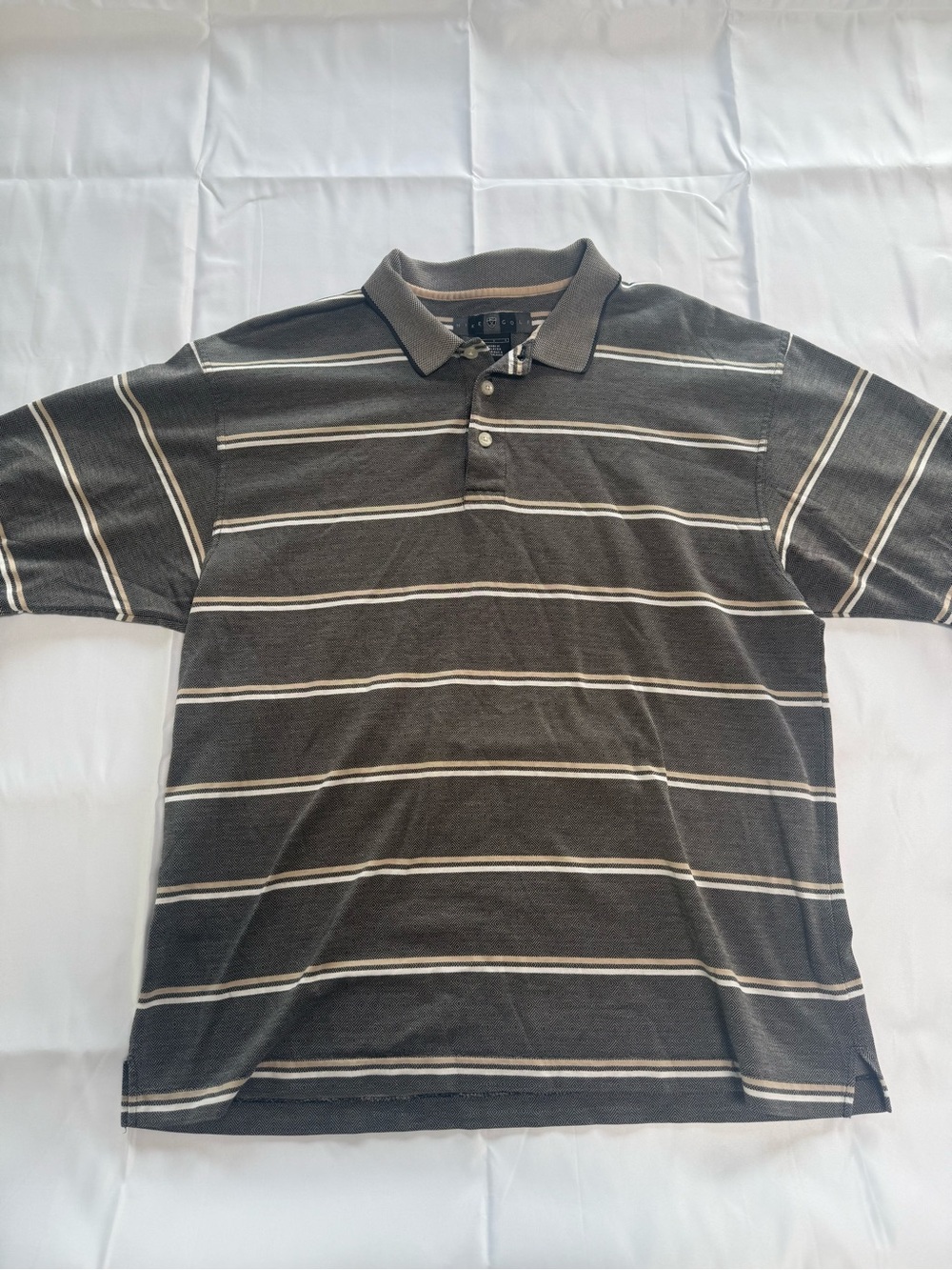Vintage Nike Men's Charcoal Polo with Cream Stripe Detail